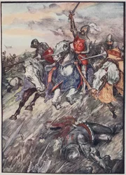 "They Rushed Into The Fray Like Madmen Bent Upon Sudden Death", tallrik från "The Story of France", av Mary MacGregor, 1920 (färgad litho)